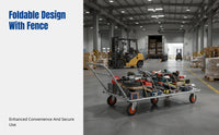 Folding Hand Cart, 6-Wheel Quiet Flatbed, Sturdy Iron Frame, Removable Fence, for Factory & Home Transport