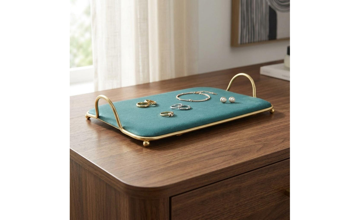 Textile-Covered Padded Jewelry Display Tray Curved Handles Gold-Tone Jewelry Tray Raised Rim Accessory Organizer Multi Use