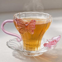 Pink Butterfly Transparent Glass Teacup with Handle and Saucer, Puer Tea Cup, Coffee Cup