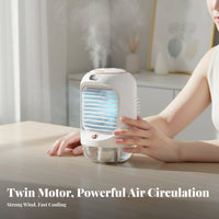 Rechargeable Humidifier Fan with Night Light 90° Oscillation Mini Misting Fan 3-Speed Control for Students, Adults, Desktop, Travel, Bedroom