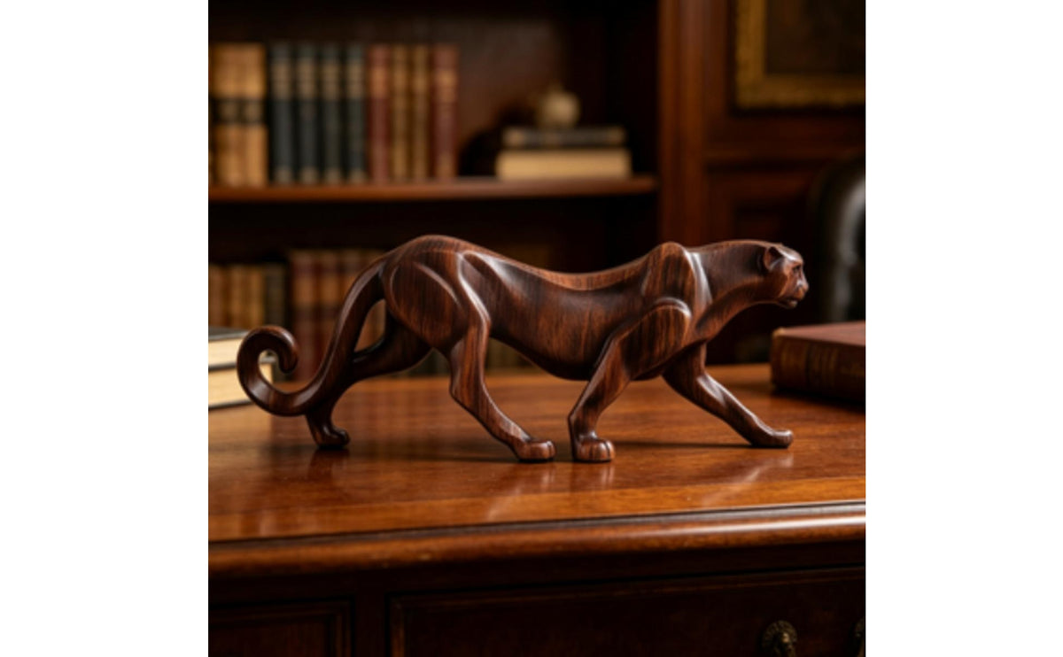 Desk Leopard Ornament Carved Look Wood-Grain Leopard Statue Stable Base Bronze Style Animal Figurine for Shelf