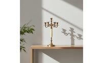 Five-Arm Candelabra Brass-Colored Tabletop Candelabra Sculptural Candlestick Holder with Round Base for Entryway
