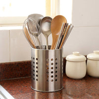 Utensil Holder and Cutlery Drainer, Stainless Steel Cutlery Organiser, Cylindrical Kitchen Sink Tidy with Hollow Design and Drainage Pedestal