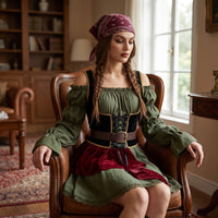 Off-Shoulder Pirate Dress Puff Sleeve Pirate Costume with Corset Belt Lace-up Dress with Belt for Women, Cosplay, Carnival, Theater Performances