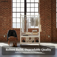 Movable on Wheels Rolling Clothes Hanger Dust-Proof Rolling Wardrobe with Cabinet Easy Assembly Garment Stand Heavy Duty for Renters, Students, Adults, Bedroom, Living Room, Entryway, Walk-in Closet