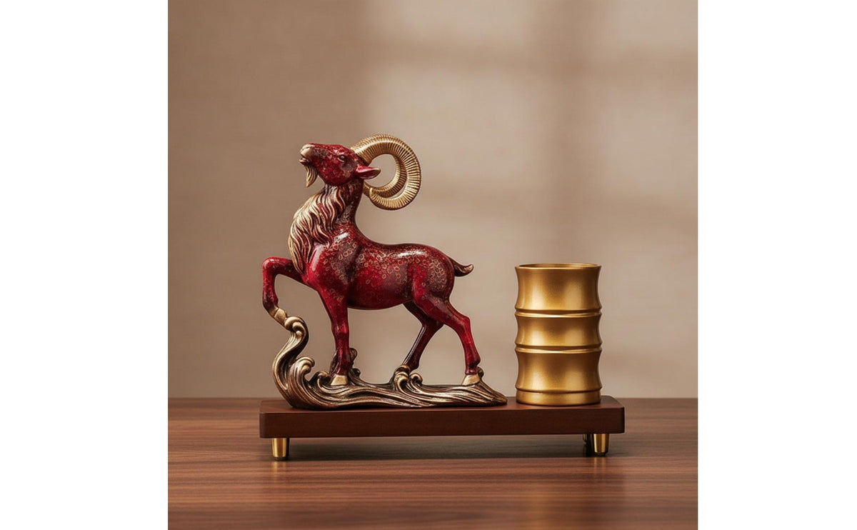 Pen Holder Matte Professional Scratch-resistant Pencil Holder Heavy-duty Rust-resistant Fade-resistant Desk Organizer Featuring Ribbed Banded Form and Horned Animal Sculpture Suitable for Bookshelf Study Reception Area