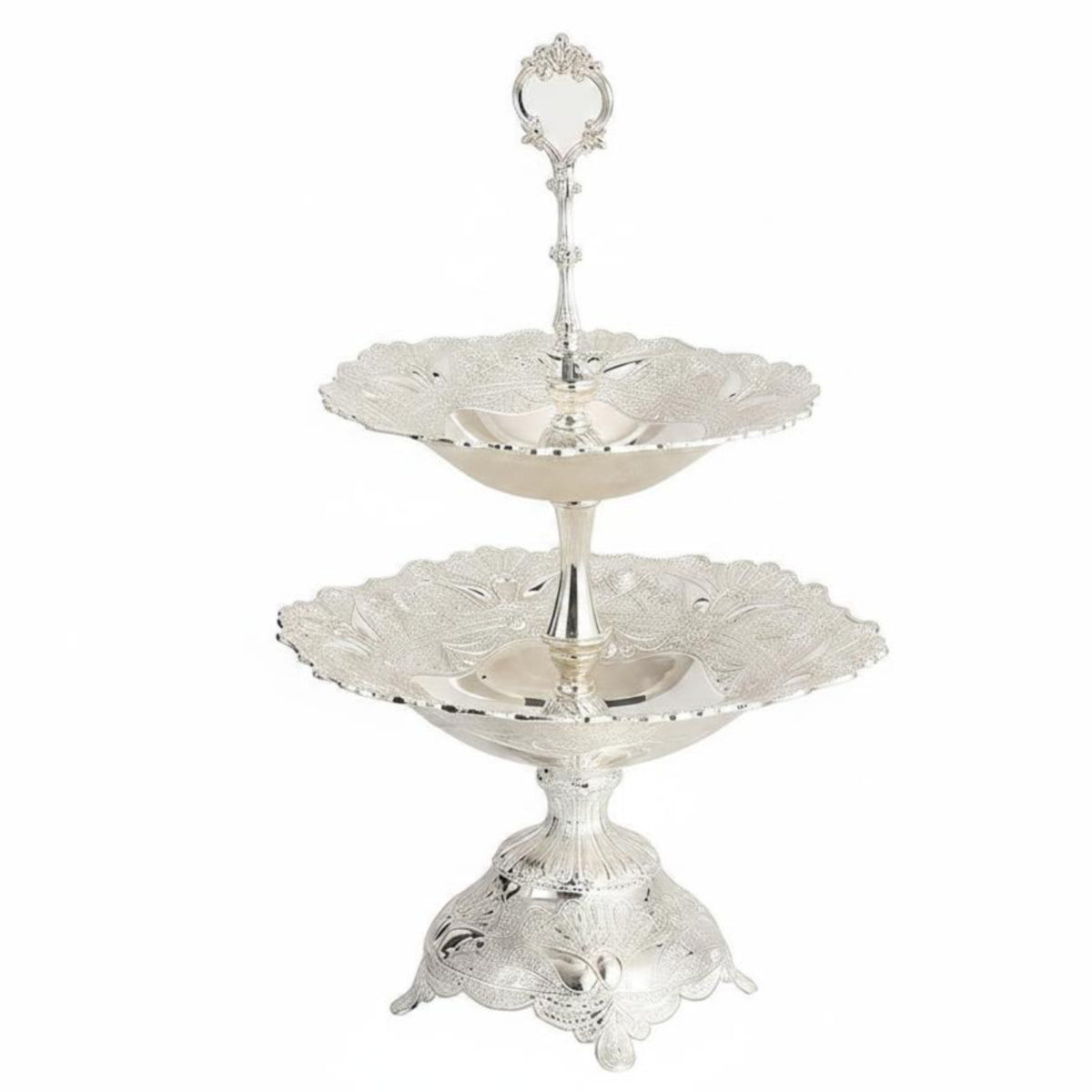 Double Layer Fruit Tray Central Handle Pedestal Fruit Tray Silver Colored Serving Plates for Home Display