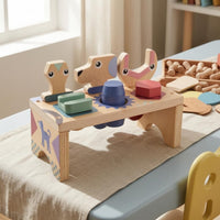 Natural Wood Finish Wooden Tool Bench Brightly Colored Tool Bench Toy Peg-and-Slot Construction Workbench Educational for Children