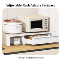 Space Saving Extendable Microwave Shelf with Drawer Multi-Purpose Pull-out Kitchen Counter Shelf Sturdy Metal Construction Extendable Kitchen Rack High Load Capacity for Home Cooks, Homeowners, Office Workers, Pantry, Dorm Room