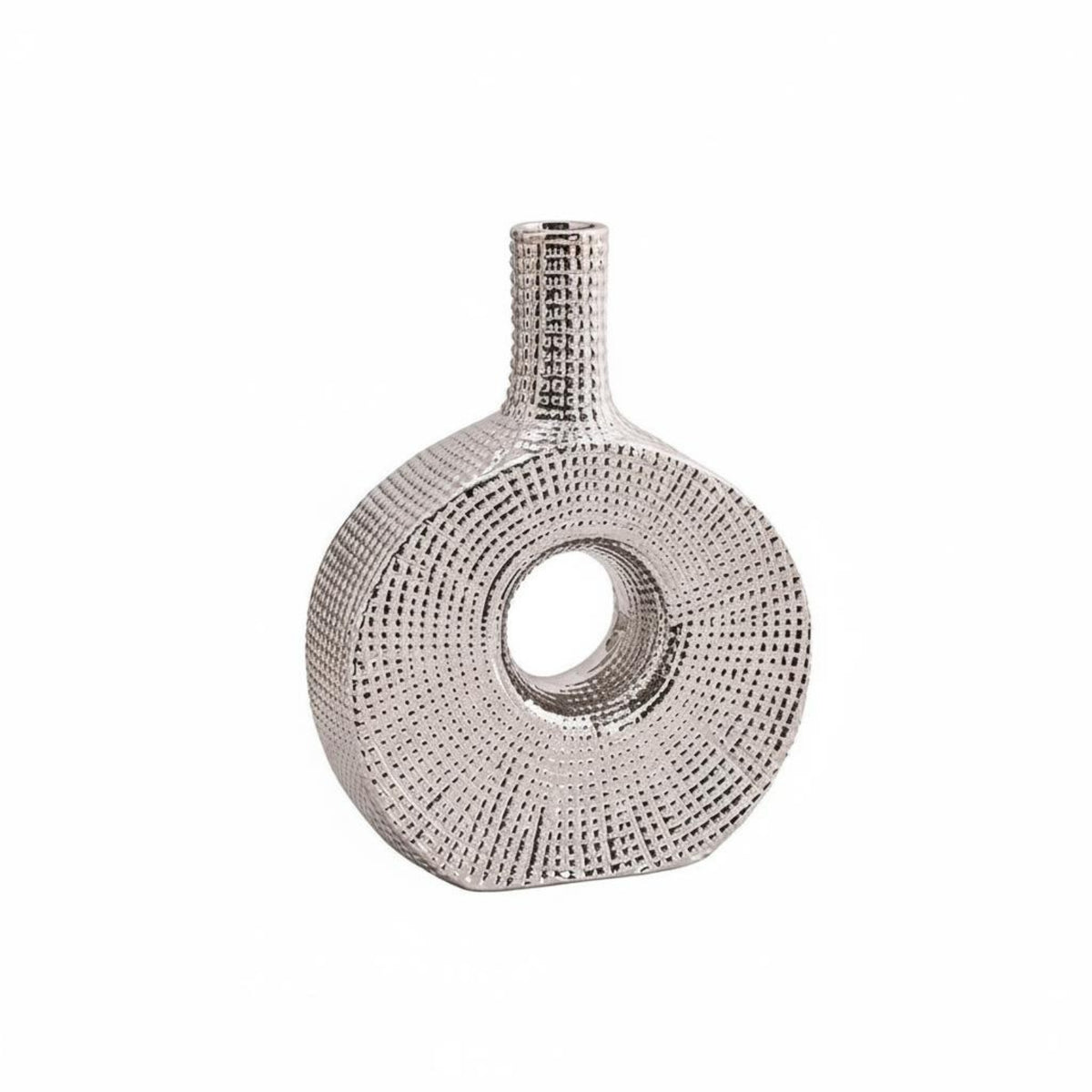 Light Luxury Design Ceramic Donut Vase Electroplated Finish Hollow Loop Flower Holder Modern Shiny Vase for Living Room, Entryway, Bedroom, Office
