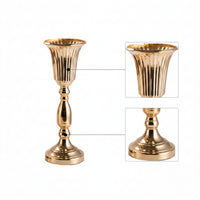 Trumpet Vase with Round Base Gold Pedestal Vessel Vase with Pedestal Base Vertically Ribbed Polished Lustrous