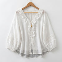 Lace Top Blouse for Ladies with Long Puff Sleeves and V-Neck Design, Wrinkle-Resistant Ramie Blend for Business Casual and Office, Summer