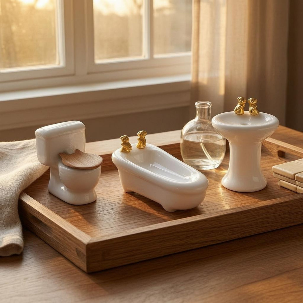 3 Pieces Dollhouse Toilet Sink Tub Set Raised rimed Mini Washroom Accessories Set Freestanding Mini Toilet