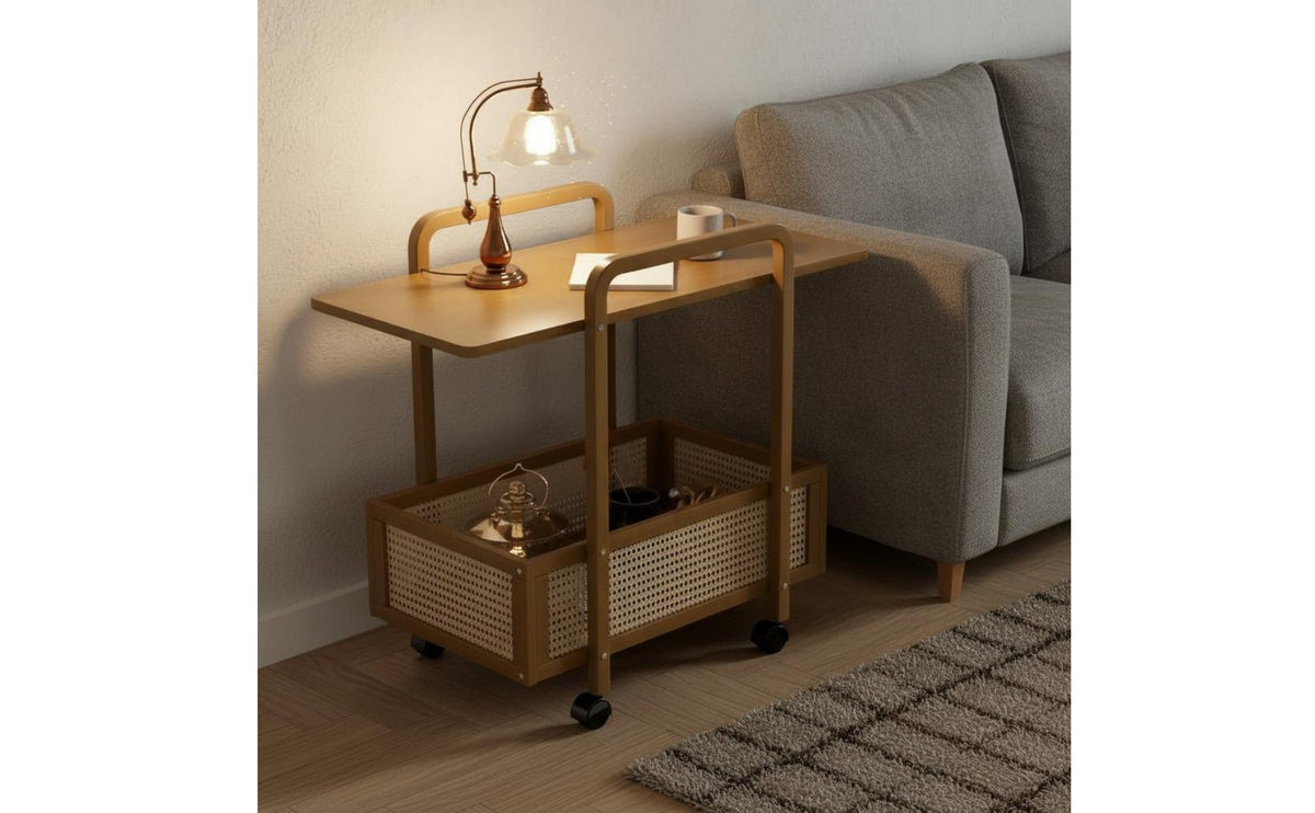 On Wheels Rattan Design Tea Trolley Space Saving Wheeled Storage Trolley Easy Assembly 2-Tier Rolling Cart Sturdy Construction for Bedroom, Office