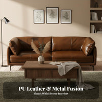 Straight-Line Leather Sofa Caramel Brown Color Living Room Furniture Vintage Aesthetic Couch for Apartment Dwellers, Homeowners, Den