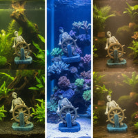Aquarium Ornament with Nautical Steering Wheel Resin Skeleton Leader Statue Weathered Pirate Leader Ornament with Wheel for Desktop Display