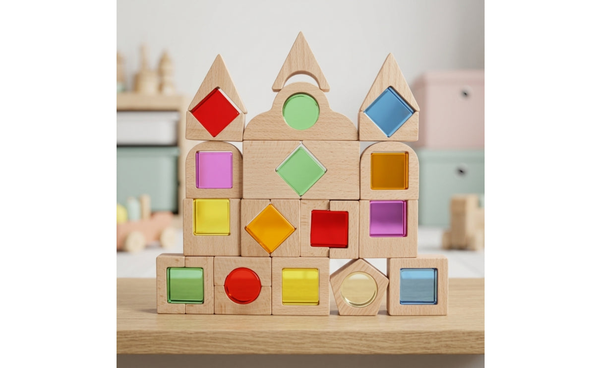 Sensory Building Blocks with Wooden Frame Colored Wooden Blocks with Acrylic Inserts Open-Ended Toy for Toddlers, Preschoolers