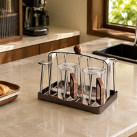 Mug Tree Holder, Stainless Steel Cup Drying Rack with Wooden Base, Walnut Colour Anti Rust Space Saving Countertop Organiser