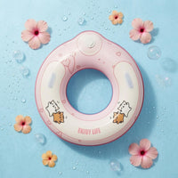 Built-in Valve Pink Donut Pool Float Glossy Cat Print Swim Float Side Handles Donut Swim Buoy for Swimming