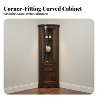 American Design Corner Hutch with Glass Door Curved Outline Storage Furniture Space-Saving Design Display Cabinet Multi-Purpose for Wine Enthusiasts, Collectors, Homeowners, Dining Room