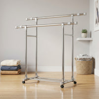 Clothes Rack with Shoe Shelf Extendable Double Rail Clothes Rack Heavy Duty for Bedroom, Laundry Room, Balcony