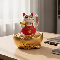 Auspicious Cat Figurine with Raised Paw Gold-Toned with Bowl Welcoming Ornament for Business Owners, Homeowners, Cashier Desk
