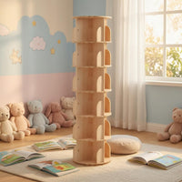 Wooden Rotating Bookshelf Floor Standing Bookcase Unit Curved Panels Round Swivel Book Shelf