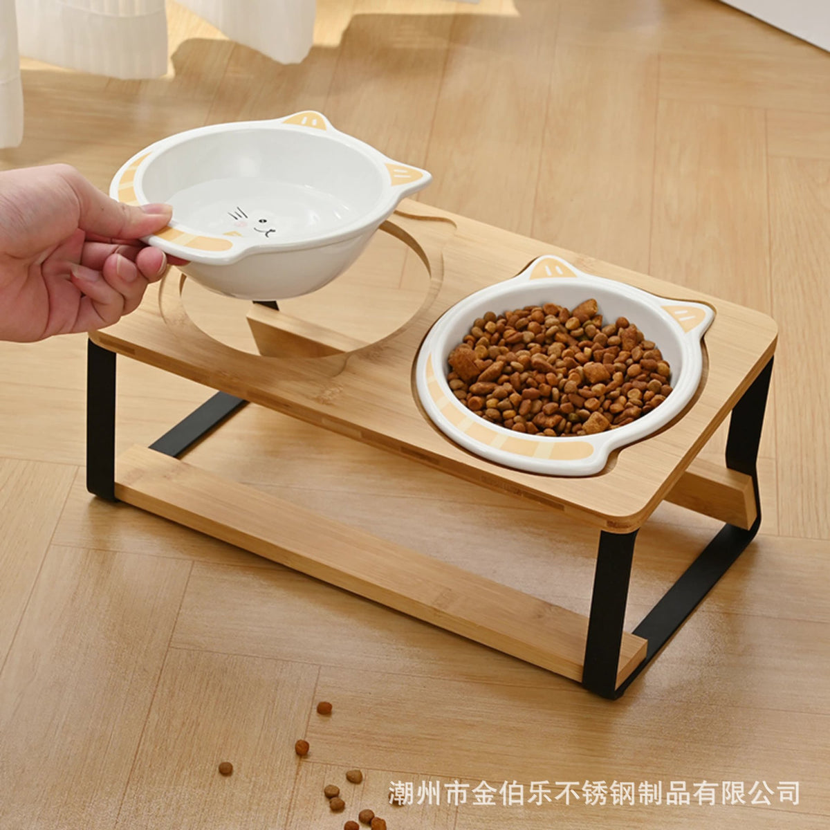 陶瓷双碗斜口护颈猫食盆架防打翻宠物碗架宠物猫碗木质宠物猫碗架