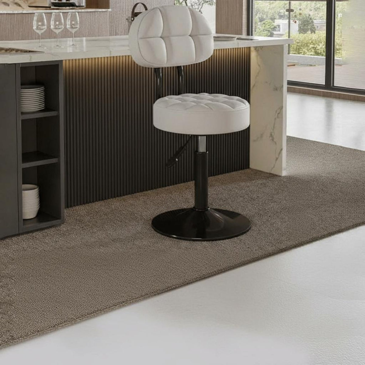 Modern Design Adjustable Pedestal Chair with Backrest 360-Degree Swivel Adjustable Upholstered Stool Padded Cushion Indoor Seating Stable Base for Bar Owners, Homeowners, Adults, Kitchen Island, Counter, Coffee Shop, Casual Eatery