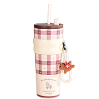 Portable Wrist Strap Large Capacity Insulated Cup Plaid Pattern Tumbler Drinkware for Office, School