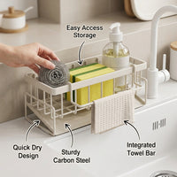 Dish Cloth Holder and Kitchen Sink Organizer for Home Use and Dorm Room Students, Carbon Steel with Reinforced Hanging Rod