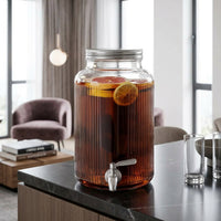 Glass Dispenser with Wooden Stand, Barrel Beer Dispenser for Cold Brew, Fruit Tea Dispenser and Juice Dispenser, Stainless Steel Iced Tea Pot