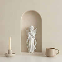 Angel Figurine with Flower Crown Tabletop Standing Angel Statue Figurine with Wings Desktop Sculpture White for Desk, Shelf