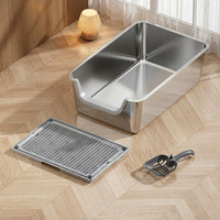 Cat Toilet Stainless Steel Litter Tray, Semi-Enclosed XL Size Litter Pan, Easy Clean Non Sticky Metal Box for Large Cats and Big Breeds