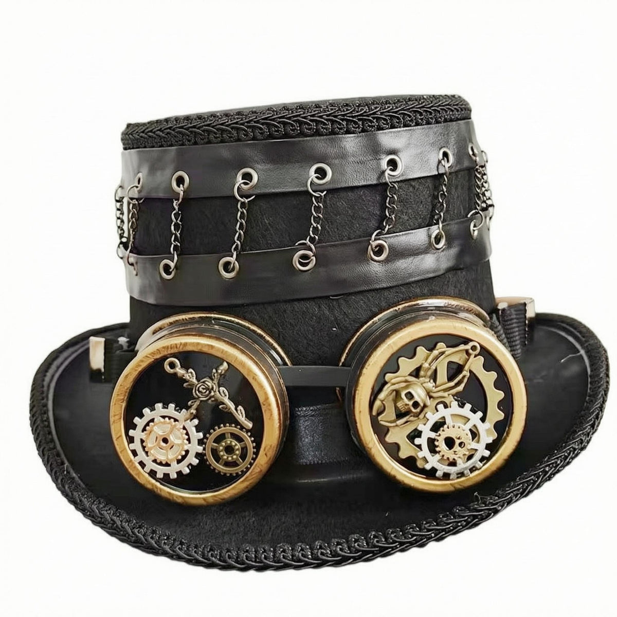 Bronze Accents Steampunk Top Hat Layered Brim Goggle Top Hat Braided Trim Headpiece Gears Decoration