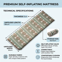 Inflatable Mattress with Integrated Pillow, Self Inflating Air Bed and Camping Mat for Car Camping, Connectable Ethnic Style Air Mattress, 1pc