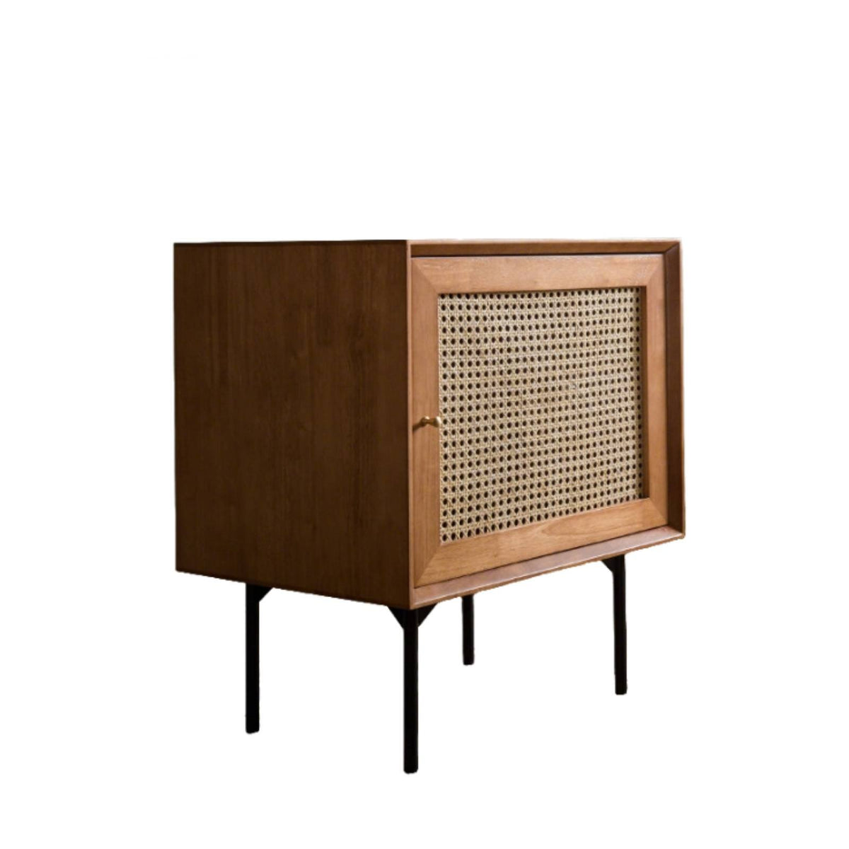 Japanese Design Rattan-Front Nightstand Solid Wood Legs Bedside Table Minimalist Design Storage Furniture Retro Aesthetic for Apartment Dwellers, Homeowners, Adults, Bedroom, Small Areas, Living Room, Home Office