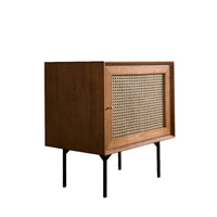 Japanese Design Rattan-Front Nightstand Solid Wood Legs Bedside Table Minimalist Design Storage Furniture Retro Aesthetic for Apartment Dwellers, Homeowners, Adults, Bedroom, Small Areas, Living Room, Home Office