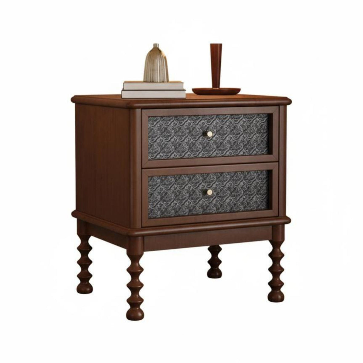Vintage Design Rattan Drawer Nightstand French Retro Design 2-Drawer Woven-Front End Table Ample Storage Bedside Cabinet Rounded Corners for Adults, Homeowners, Guest Room, Home Office