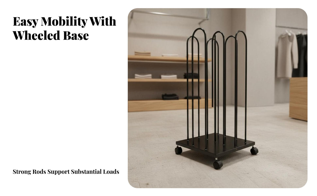 Space Saving Mobile Hanger Storage Rack Minimalist Design Rolling Hanger Stacking Stand Heavy Duty Shop Fixture Large Capacity for Boutique Managers, Apartment Dwellers, Stockroom, Bedroom, Laundry Room, Entryway