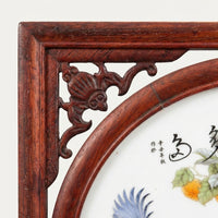 Rosewood Carved Desktop Screen Ornament, Vintage Style Porcelain Panel Table Divider for Desk, Chinese Floral Bird Painting Decor