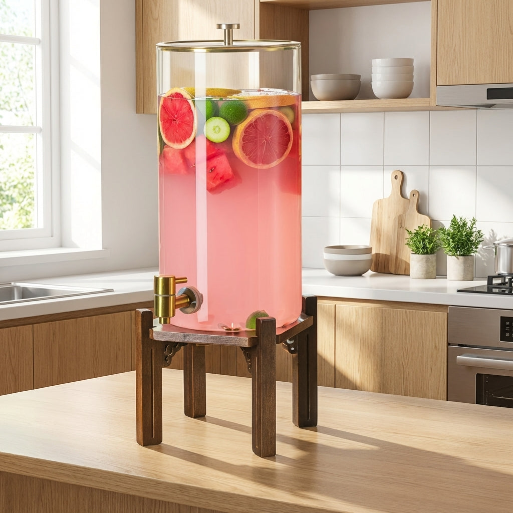 Drink Dispenser with Tap 2 Pack, Glass Water Beverage Dispenser with Wood Stand and Lid, Large Capacity Iced Tea Server for Parties and Buffets