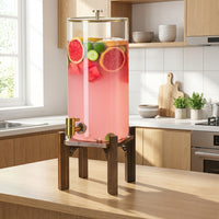 Drink Dispenser with Tap 2 Pack, Glass Water Beverage Dispenser with Wood Stand and Lid, Large Capacity Iced Tea Server for Parties and Buffets