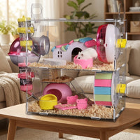 Transparent Hamster Cage, Double Layer Hamster Cage, Acrylic Hamster Cage Starter Kit for Syrian or Dwarf Hamster, Complete Set with Water Bottle