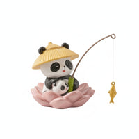 Panda Figurine with Fishing Rod Small Panda Statue with Lotus Base Mini for Desk