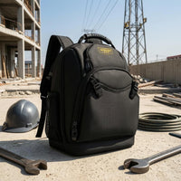 Mesh Side Pockets Large Tool Backpack Zippered Main Compartment Padded Tool Backpack Front Pocket Storage Gear Buckle Straps