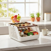 Desktop Storage Basket Built-in Handle Stackable Organizer Basket Slanted Front