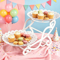 Decorative Folding Dessert Display Stand Raised Rims Two-Tier Dessert Stand Scroll-Style Cupcake Display Holder Lightweight for Events, Parties
