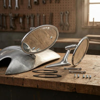 Polished Silver Vintage Car Rearview Mirrors Long Tapered Arms Chrome Round Rearview Mirrors Mounting Gaskets Vintage Round Car Mirror