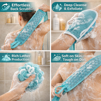 Bath Scrubber Set for Adults, Exfoliating Back Strap with Long Handles, Three Piece Kit with Mitt and Gloves, Textured Surface for